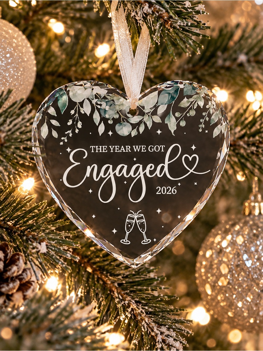 Engaged 2026 Heart Keepsake Glass Ornament - White and Green